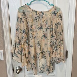 Lauren Conrad Cream Pink Floral Bell Sleeve Open Back Top Blouse - Size L - NWT